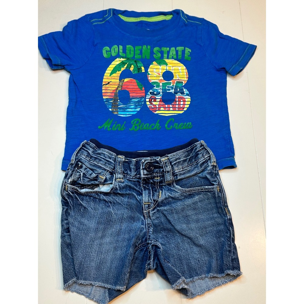 Baby Gap‎ Shorts Set Toddler Boys 12-18M Blue Good Beach Graphic Denim Outfit